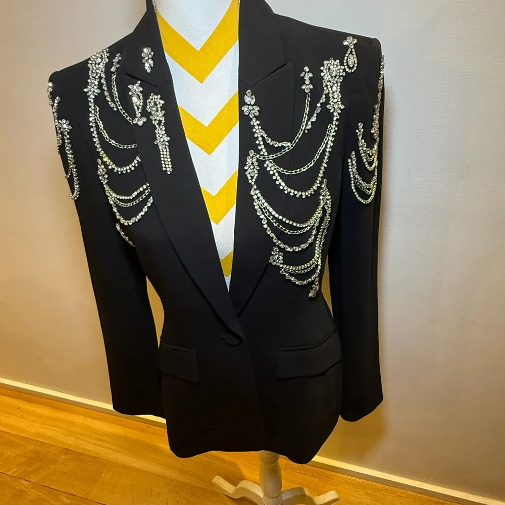 Cinq à Sept Cheyenne Rhinestone-Chain Crepe Black Blazer - Picture 5 of 7